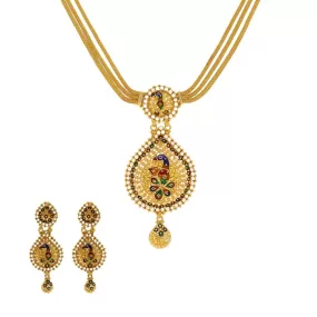 22K Patterned Yellow Gold CZ Necklace with Earrings Set